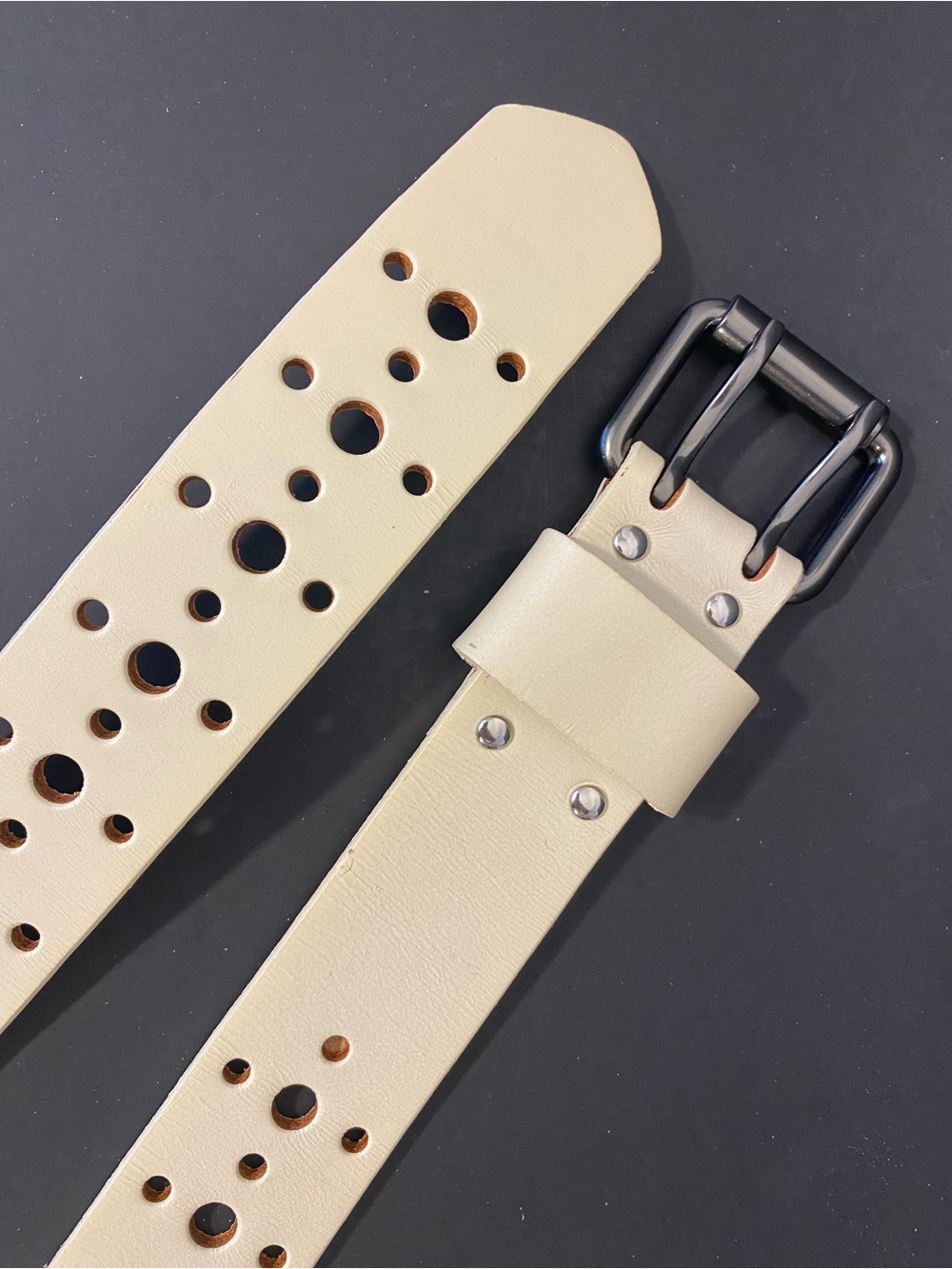 CAbi Cream Leather Perforated Belt Gunmetal Two-Prong Buckle - Picture 3 of 9